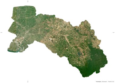 Chachoengsao, Tayland vilayeti. Sentinel-2 uydu görüntüleri. Beyaz üzerinde izole edilmiş şekil. Tanımı, başkentin yeri. Değiştirilmiş Kopernik Sentinel verileri içerir