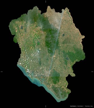 Chanthaburi, Tayland vilayeti. Sentinel-2 uydu görüntüleri. Siyah üzerine izole edilmiş şekil. Tanımı, başkentin yeri. Değiştirilmiş Kopernik Sentinel verileri içerir