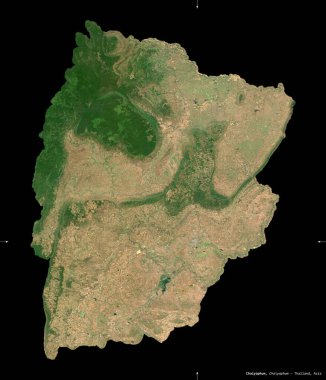 Chaiyaphum, Tayland vilayeti. Sentinel-2 uydu görüntüleri. Siyah üzerine izole edilmiş şekil. Tanımı, başkentin yeri. Değiştirilmiş Kopernik Sentinel verileri içerir