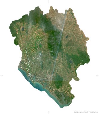 Chanthaburi, Tayland vilayeti. Sentinel-2 uydu görüntüleri. Beyaz üzerinde izole edilmiş şekil. Tanımı, başkentin yeri. Değiştirilmiş Kopernik Sentinel verileri içerir