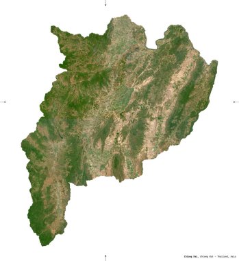 Chiang Rai, Tayland vilayeti. Sentinel-2 uydu görüntüleri. Beyaz üzerinde izole edilmiş şekil. Tanımı, başkentin yeri. Değiştirilmiş Kopernik Sentinel verileri içerir