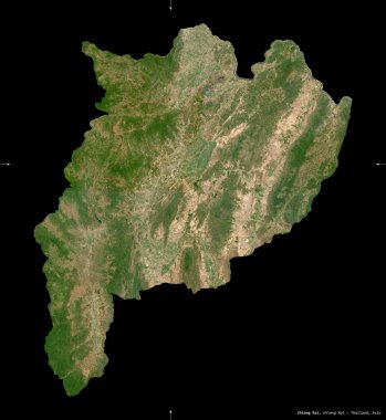 Chiang Rai, Tayland vilayeti. Sentinel-2 uydu görüntüleri. Siyah üzerine izole edilmiş şekil. Tanımı, başkentin yeri. Değiştirilmiş Kopernik Sentinel verileri içerir