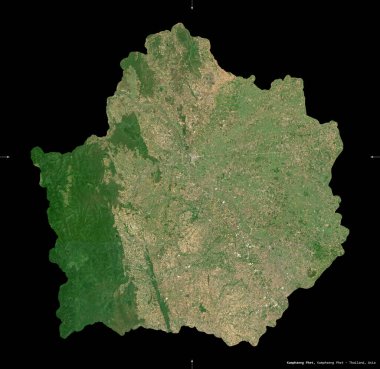 Kamphaeng Phet, Tayland vilayeti. Sentinel-2 uydu görüntüleri. Siyah üzerine izole edilmiş şekil. Tanımı, başkentin yeri. Değiştirilmiş Kopernik Sentinel verileri içerir