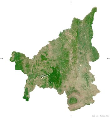 Loei, Tayland vilayeti. Sentinel-2 uydu görüntüleri. Beyaz üzerinde izole edilmiş şekil. Tanımı, başkentin yeri. Değiştirilmiş Kopernik Sentinel verileri içerir