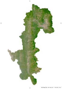Mae Hong Son, Tayland vilayeti. Sentinel-2 uydu görüntüleri. Beyaz üzerinde izole edilmiş şekil. Tanımı, başkentin yeri. Değiştirilmiş Kopernik Sentinel verileri içerir