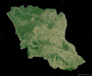 Mukdahan, Tayland vilayeti. Sentinel-2 uydu görüntüleri. Siyah üzerine izole edilmiş şekil. Tanımı, başkentin yeri. Değiştirilmiş Kopernik Sentinel verileri içerir