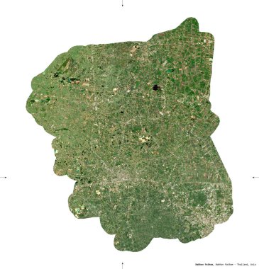 Nakhon Pathom, Tayland ili. Sentinel-2 uydu görüntüleri. Beyaz üzerinde izole edilmiş şekil. Tanımı, başkentin yeri. Değiştirilmiş Kopernik Sentinel verileri içerir