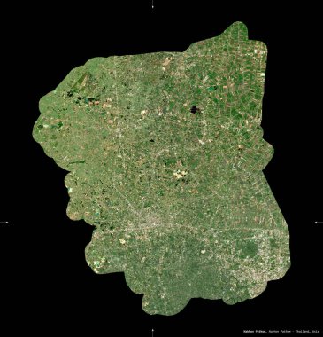 Nakhon Pathom, Tayland ili. Sentinel-2 uydu görüntüleri. Siyah üzerine izole edilmiş şekil. Tanımı, başkentin yeri. Değiştirilmiş Kopernik Sentinel verileri içerir