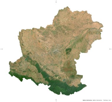 Nakhon Ratchasima, Tayland vilayeti. Sentinel-2 uydu görüntüleri. Beyaz üzerinde izole edilmiş şekil. Tanımı, başkentin yeri. Değiştirilmiş Kopernik Sentinel verileri içerir