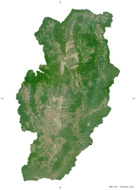 Nan, Tayland vilayeti. Sentinel-2 uydu görüntüleri. Beyaz üzerinde izole edilmiş şekil. Tanımı, başkentin yeri. Değiştirilmiş Kopernik Sentinel verileri içerir