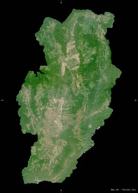 Nan, Tayland vilayeti. Sentinel-2 uydu görüntüleri. Siyah üzerine izole edilmiş şekil. Tanımı, başkentin yeri. Değiştirilmiş Kopernik Sentinel verileri içerir
