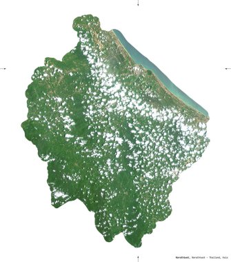 Narathiwat, Tayland vilayeti. Sentinel-2 uydu görüntüleri. Beyaz üzerinde izole edilmiş şekil. Tanımı, başkentin yeri. Değiştirilmiş Kopernik Sentinel verileri içerir