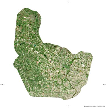 Nonthaburi, Tayland vilayeti. Sentinel-2 uydu görüntüleri. Beyaz üzerinde izole edilmiş şekil. Tanımı, başkentin yeri. Değiştirilmiş Kopernik Sentinel verileri içerir