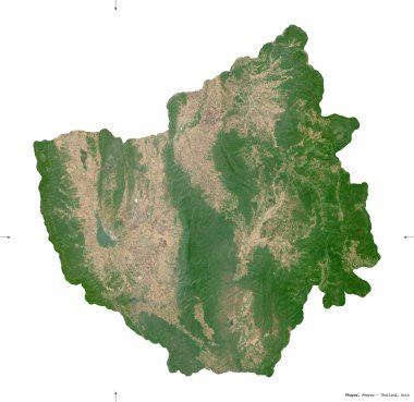 Phayao, Tayland vilayeti. Sentinel-2 uydu görüntüleri. Beyaz üzerinde izole edilmiş şekil. Tanımı, başkentin yeri. Değiştirilmiş Kopernik Sentinel verileri içerir