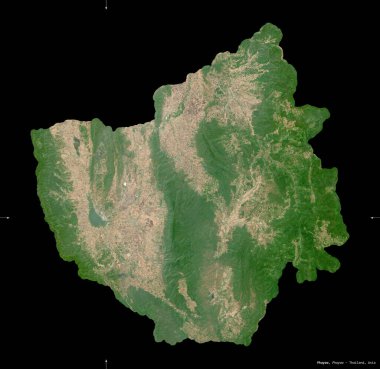 Phayao, Tayland vilayeti. Sentinel-2 uydu görüntüleri. Siyah üzerine izole edilmiş şekil. Tanımı, başkentin yeri. Değiştirilmiş Kopernik Sentinel verileri içerir