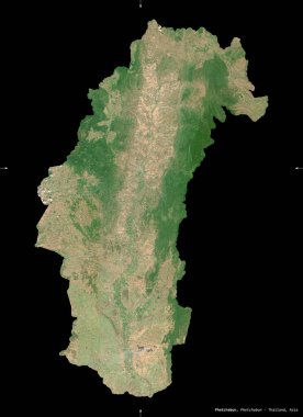 Phetchabun, Tayland vilayeti. Sentinel-2 uydu görüntüleri. Siyah üzerine izole edilmiş şekil. Tanımı, başkentin yeri. Değiştirilmiş Kopernik Sentinel verileri içerir