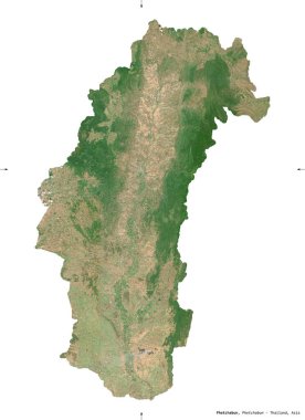 Phetchabun, Tayland vilayeti. Sentinel-2 uydu görüntüleri. Beyaz üzerinde izole edilmiş şekil. Tanımı, başkentin yeri. Değiştirilmiş Kopernik Sentinel verileri içerir