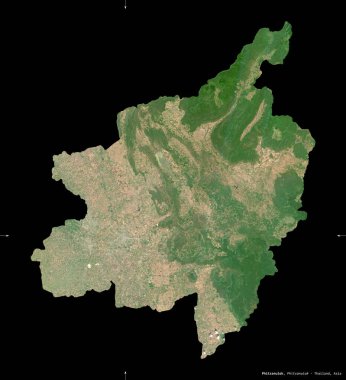Phitsanulok, Tayland vilayeti. Sentinel-2 uydu görüntüleri. Siyah üzerine izole edilmiş şekil. Tanımı, başkentin yeri. Değiştirilmiş Kopernik Sentinel verileri içerir