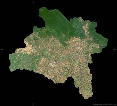 Prachin Buri, Tayland vilayeti. Sentinel-2 uydu görüntüleri. Siyah üzerine izole edilmiş şekil. Tanımı, başkentin yeri. Değiştirilmiş Kopernik Sentinel verileri içerir