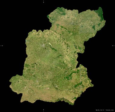 Roi Et, Tayland vilayeti. Sentinel-2 uydu görüntüleri. Siyah üzerine izole edilmiş şekil. Tanımı, başkentin yeri. Değiştirilmiş Kopernik Sentinel verileri içerir