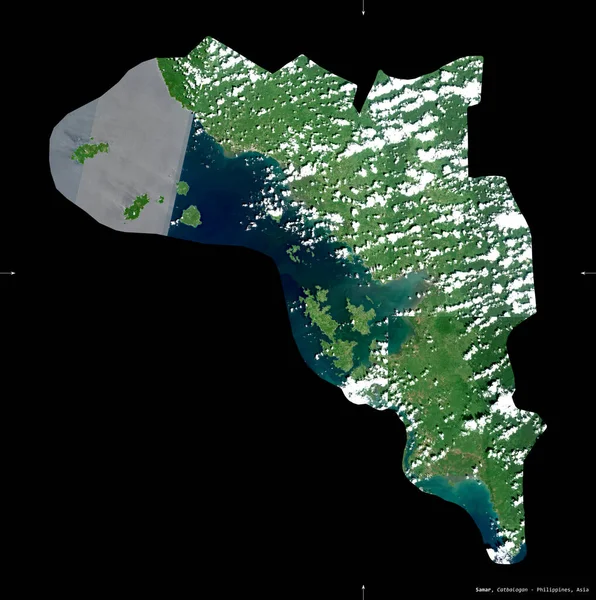 Samar, province of Philippines. Sentinel-2 satellite imagery. Shape isolated on black. Description, location of the capital. Contains modified Copernicus Sentinel data