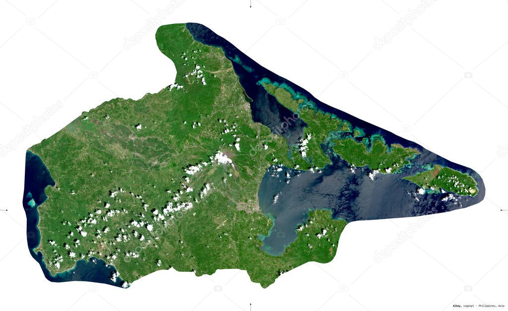 Albay, province of Philippines. Sentinel-2 satellite imagery. Shape isolated on white solid. Description, location of the capital. Contains modified Copernicus Sentinel data