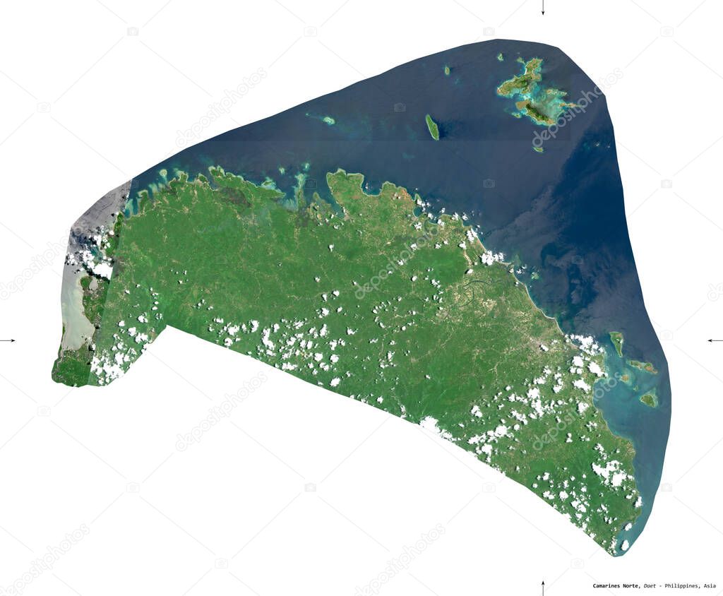 Camarines Norte, province of Philippines. Sentinel-2 satellite imagery. Shape isolated on white solid. Description, location of the capital. Contains modified Copernicus Sentinel data