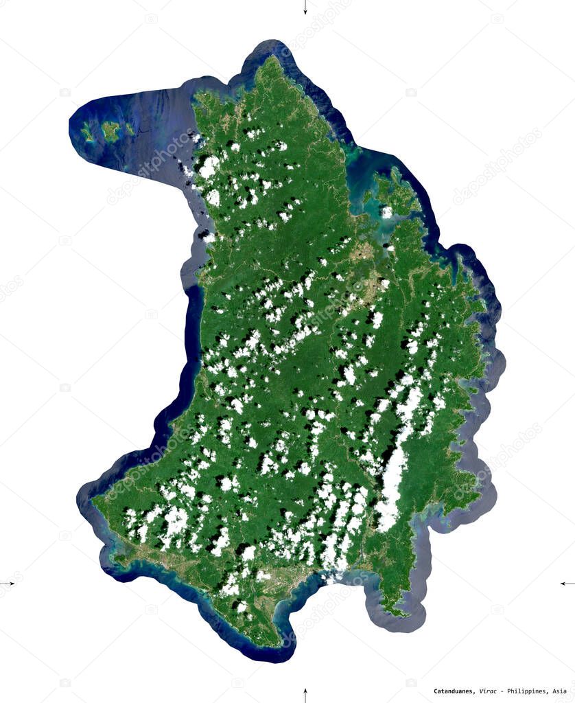 Catanduanes, province of Philippines. Sentinel-2 satellite imagery. Shape isolated on white solid. Description, location of the capital. Contains modified Copernicus Sentinel data