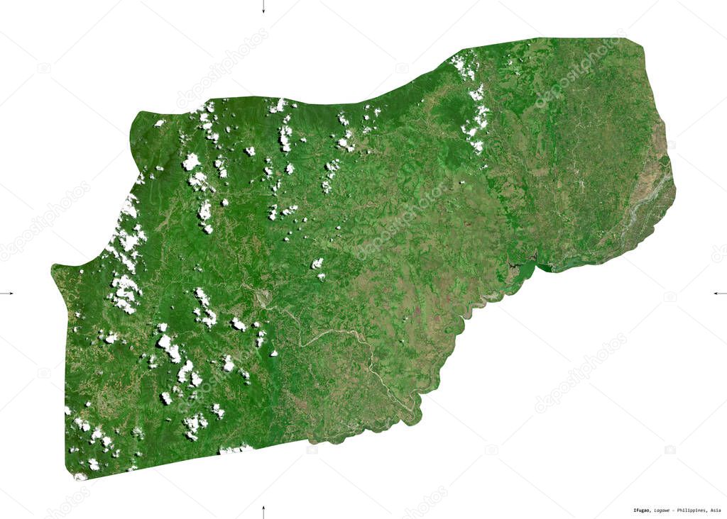 Ifugao, province of Philippines. Sentinel-2 satellite imagery. Shape isolated on white solid. Description, location of the capital. Contains modified Copernicus Sentinel data