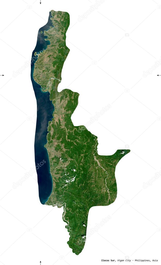 Ilocos Sur, province of Philippines. Sentinel-2 satellite imagery. Shape isolated on white solid. Description, location of the capital. Contains modified Copernicus Sentinel data