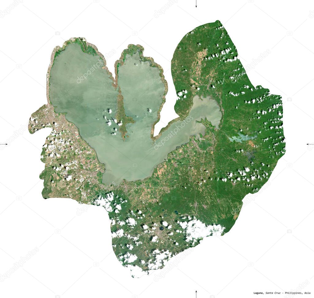 Laguna, province of Philippines. Sentinel-2 satellite imagery. Shape isolated on white solid. Description, location of the capital. Contains modified Copernicus Sentinel data