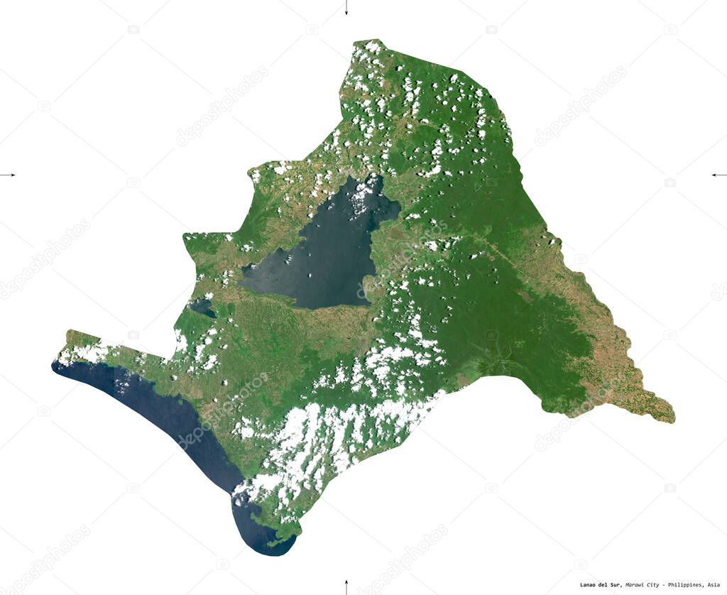 Lanao del Sur, province of Philippines. Sentinel-2 satellite imagery. Shape isolated on white solid. Description, location of the capital. Contains modified Copernicus Sentinel data