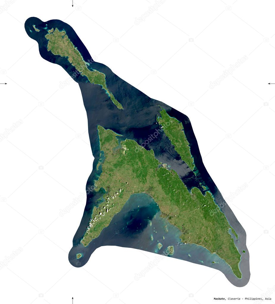 Masbate, province of Philippines. Sentinel-2 satellite imagery. Shape isolated on white solid. Description, location of the capital. Contains modified Copernicus Sentinel data