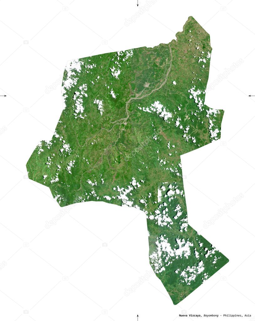Nueva Vizcaya, province of Philippines. Sentinel-2 satellite imagery. Shape isolated on white solid. Description, location of the capital. Contains modified Copernicus Sentinel data
