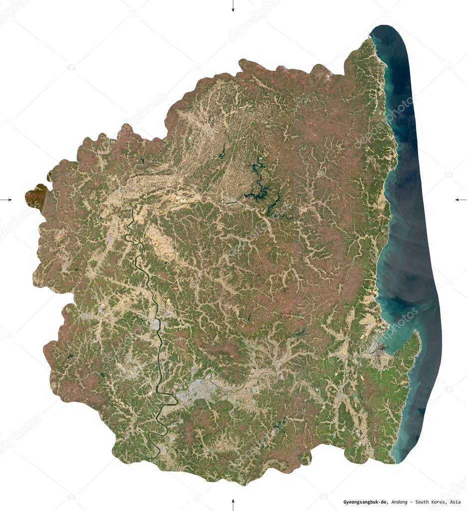 Gyeongsangbuk-do, province of South Korea. Sentinel-2 satellite imagery. Shape isolated on white. Description, location of the capital. Contains modified Copernicus Sentinel data