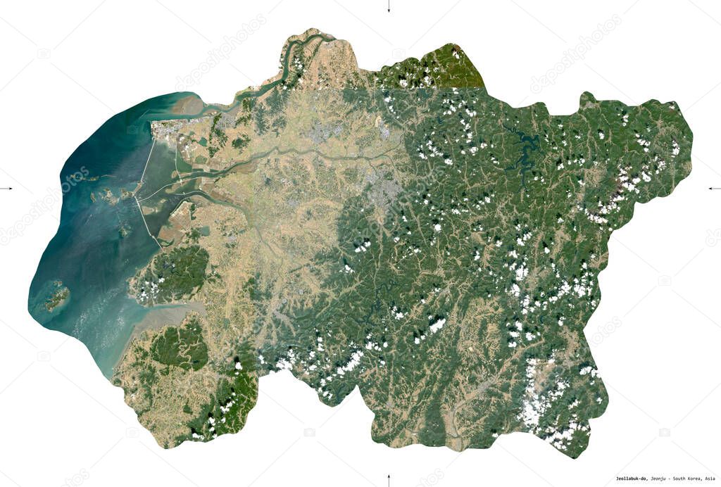 Jeollabuk-do, province of South Korea. Sentinel-2 satellite imagery. Shape isolated on white. Description, location of the capital. Contains modified Copernicus Sentinel data
