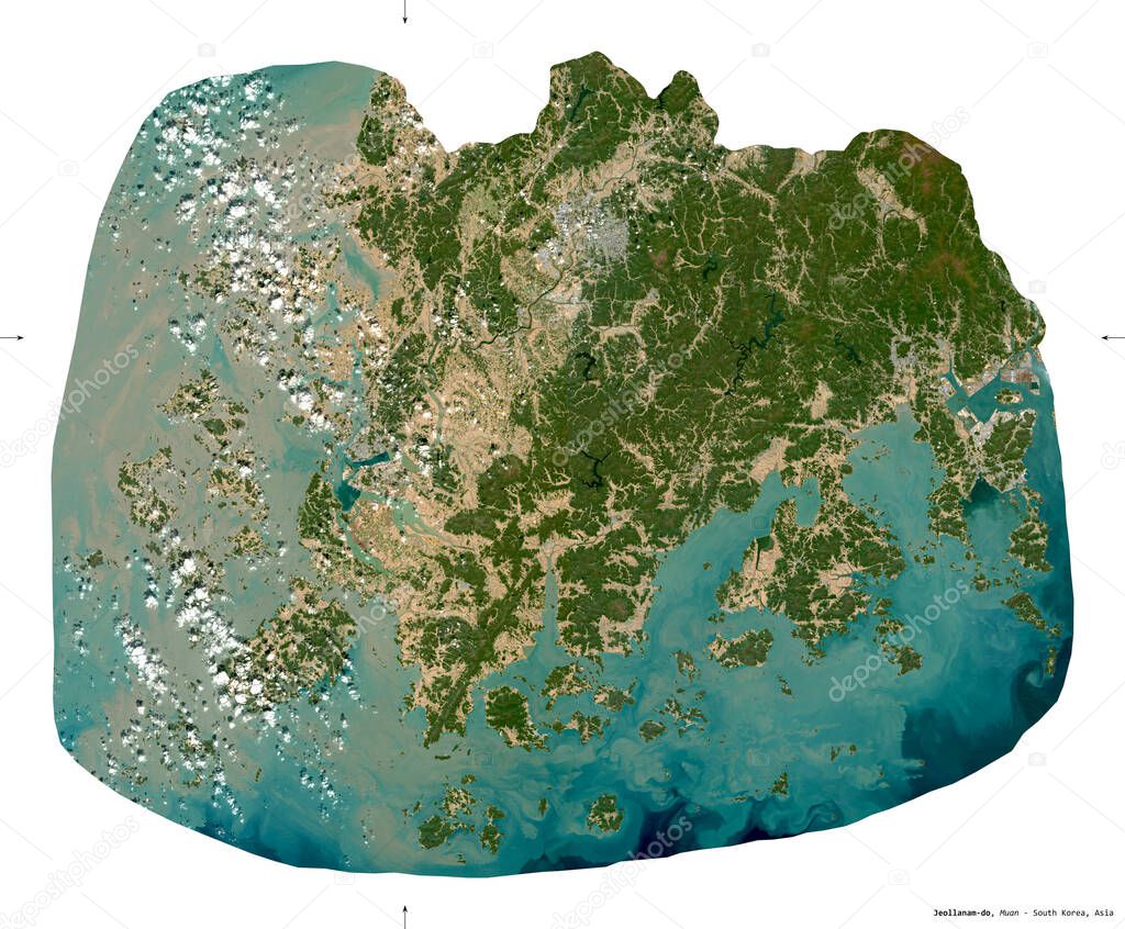 Jeollanam-do, province of South Korea. Sentinel-2 satellite imagery. Shape isolated on white. Description, location of the capital. Contains modified Copernicus Sentinel data