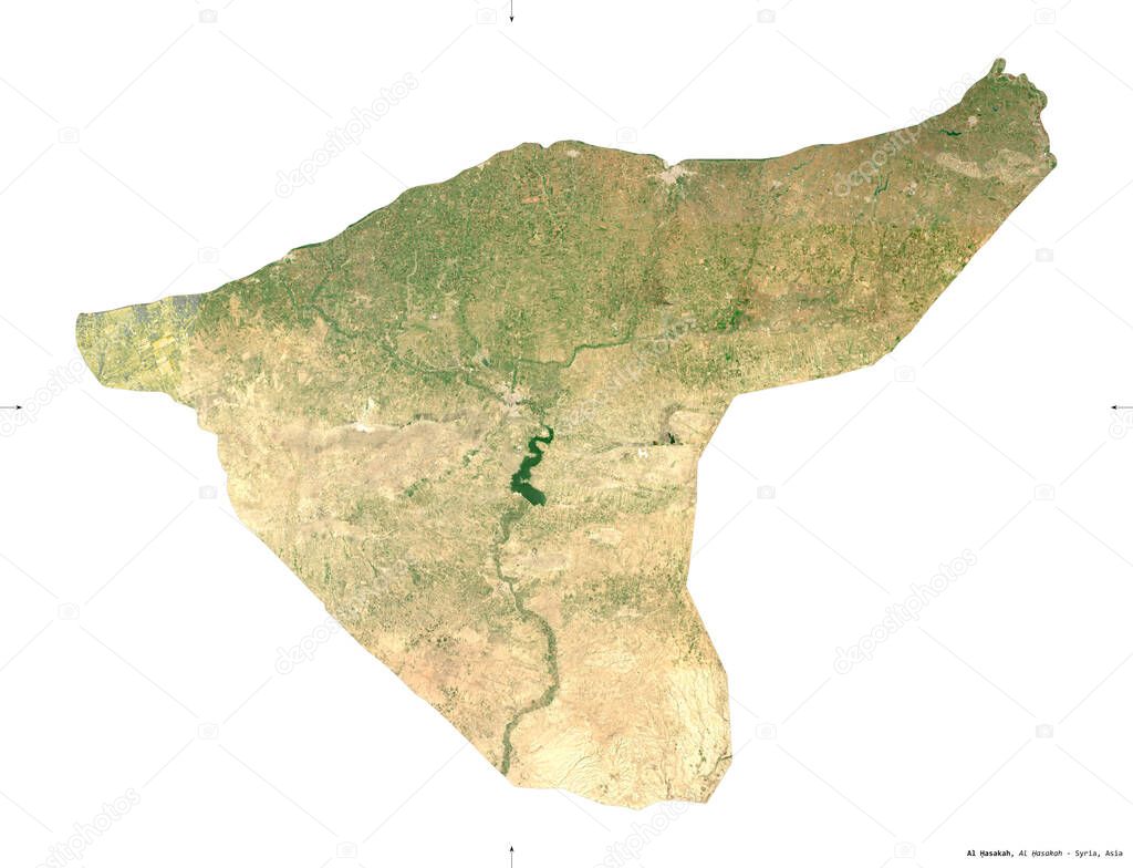 Al Hasakah, province of Syria. Sentinel-2 satellite imagery. Shape isolated on white solid. Description, location of the capital. Contains modified Copernicus Sentinel data
