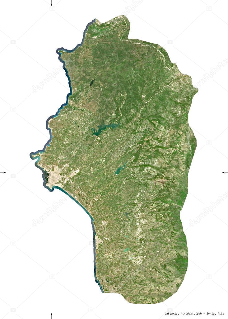 Lattakia, province of Syria. Sentinel-2 satellite imagery. Shape isolated on white solid. Description, location of the capital. Contains modified Copernicus Sentinel data