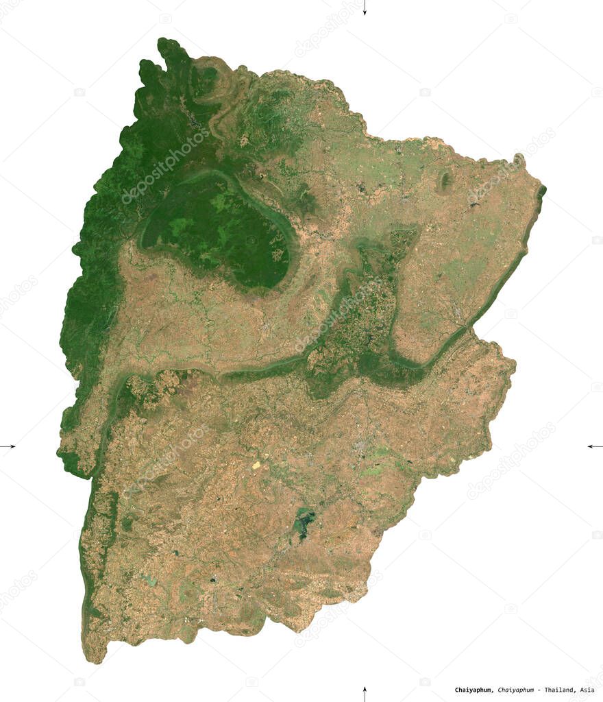 Chaiyaphum, province of Thailand. Sentinel-2 satellite imagery. Shape isolated on white. Description, location of the capital. Contains modified Copernicus Sentinel data