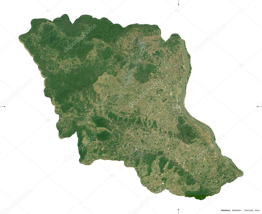 Mukdahan, province of Thailand. Sentinel-2 satellite imagery. Shape isolated on white. Description, location of the capital. Contains modified Copernicus Sentinel data