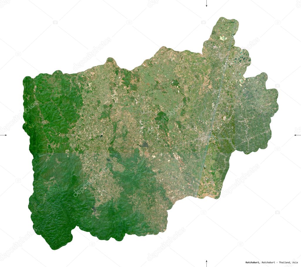 Ratchaburi, province of Thailand. Sentinel-2 satellite imagery. Shape isolated on white. Description, location of the capital. Contains modified Copernicus Sentinel data