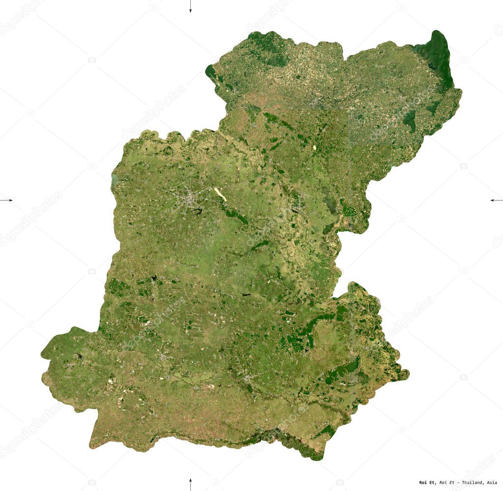 Roi Et, province of Thailand. Sentinel-2 satellite imagery. Shape isolated on white. Description, location of the capital. Contains modified Copernicus Sentinel data
