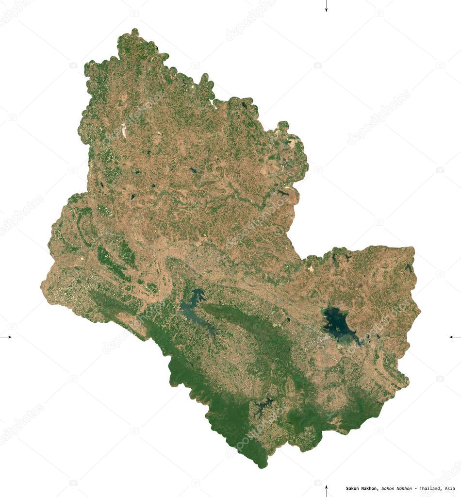 Sakon Nakhon, province of Thailand. Sentinel-2 satellite imagery. Shape isolated on white. Description, location of the capital. Contains modified Copernicus Sentinel data