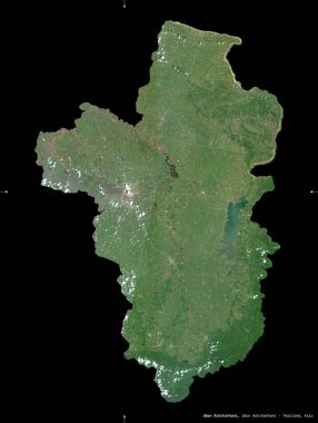 Ubon Ratchathani, Tayland vilayeti. Sentinel-2 uydu görüntüleri. Siyah üzerine izole edilmiş şekil. Tanımı, başkentin yeri. Değiştirilmiş Kopernik Sentinel verileri içerir