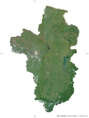 Ubon Ratchathani, Tayland vilayeti. Sentinel-2 uydu görüntüleri. Beyaz üzerinde izole edilmiş şekil. Tanımı, başkentin yeri. Değiştirilmiş Kopernik Sentinel verileri içerir