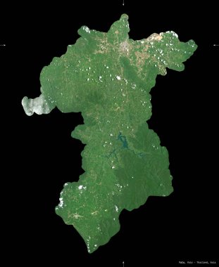 Yala, Tayland vilayeti. Sentinel-2 uydu görüntüleri. Siyah üzerine izole edilmiş şekil. Tanımı, başkentin yeri. Değiştirilmiş Kopernik Sentinel verileri içerir