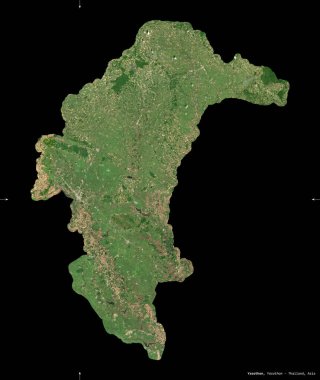 Yasothon, Tayland vilayeti. Sentinel-2 uydu görüntüleri. Siyah üzerine izole edilmiş şekil. Tanımı, başkentin yeri. Değiştirilmiş Kopernik Sentinel verileri içerir