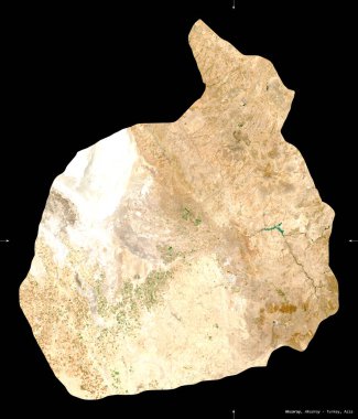 Aksaray, Türkiye ili. Sentinel-2 uydu görüntüleri. Siyah üzerine izole edilmiş şekil. Tanımı, başkentin yeri. Değiştirilmiş Kopernik Sentinel verileri içerir