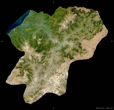 Artvin, Türkiye ili. Sentinel-2 uydu görüntüleri. Siyah üzerine izole edilmiş şekil. Tanımı, başkentin yeri. Değiştirilmiş Kopernik Sentinel verileri içerir